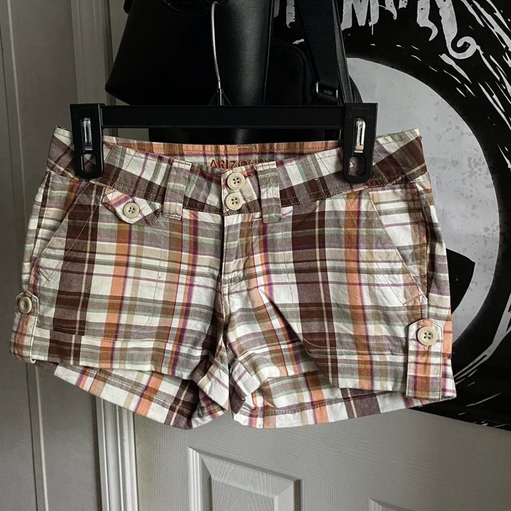 Arizona Jean Company Women's Plaid Cargo Shorts - Brown, Orange, White
